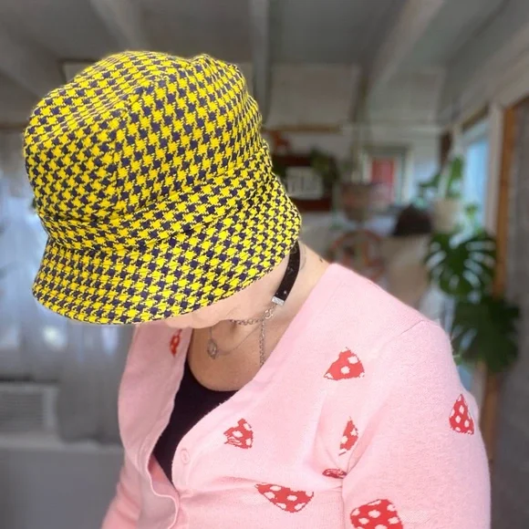 Vintage Preppy Trendy Yellow & Purple Houndstooth Print Reto Bucket Hat - Picture 7 of 11